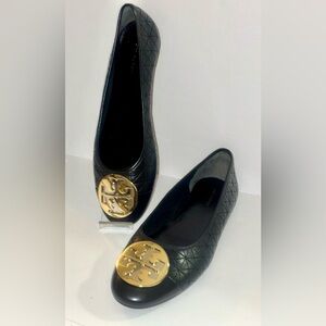 NEW Tory Burch Quilted Napa Leather Claire Black Ballet Flats Gold Logo 9M